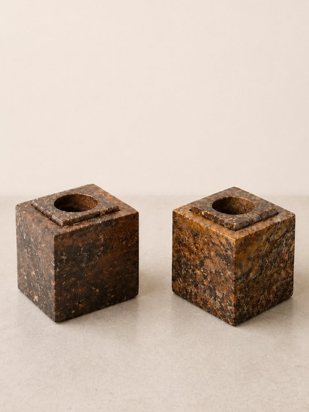 Pair Granite Modernist Cube Candle Holders 6 Candle Sizes Vintage Stone Decor